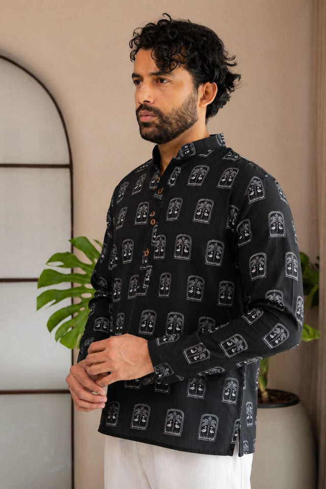 Mens Black Printed Linen Short Kurta (ACB2372)