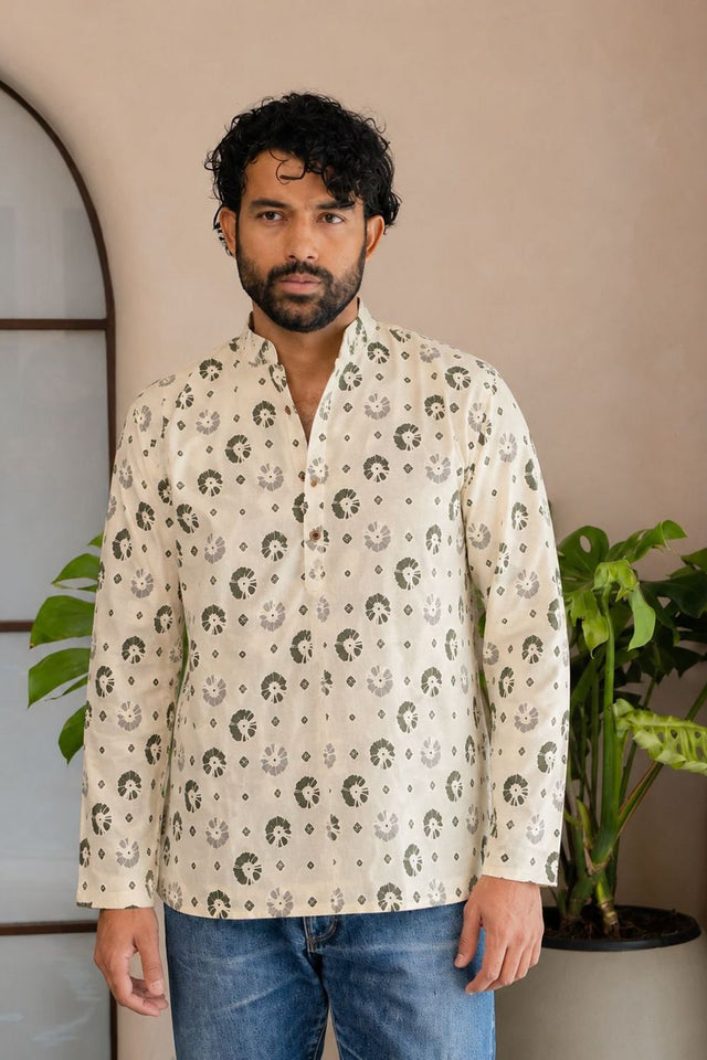 Mens Off White Printed Linen Short Kurta (ACB2373)