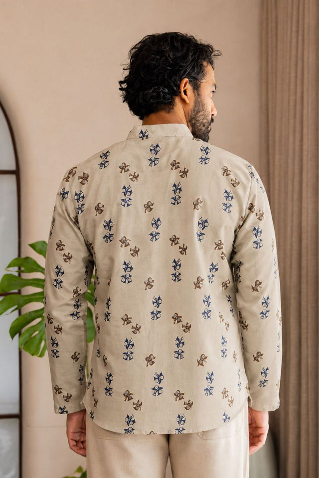 Mens Grey Printed Linen Short Kurta (ACB2374)