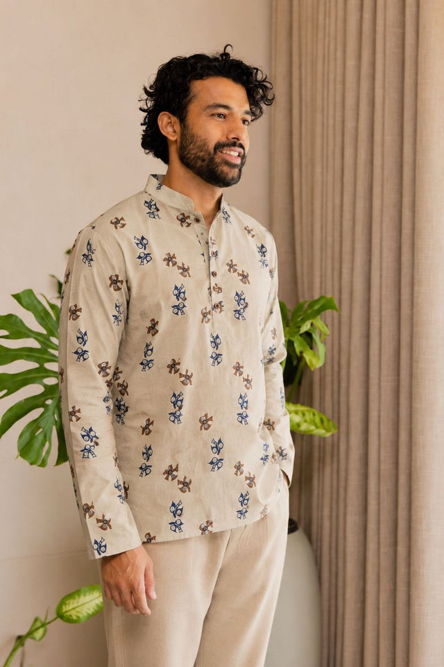 Mens Grey Printed Linen Short Kurta (ACB2374)