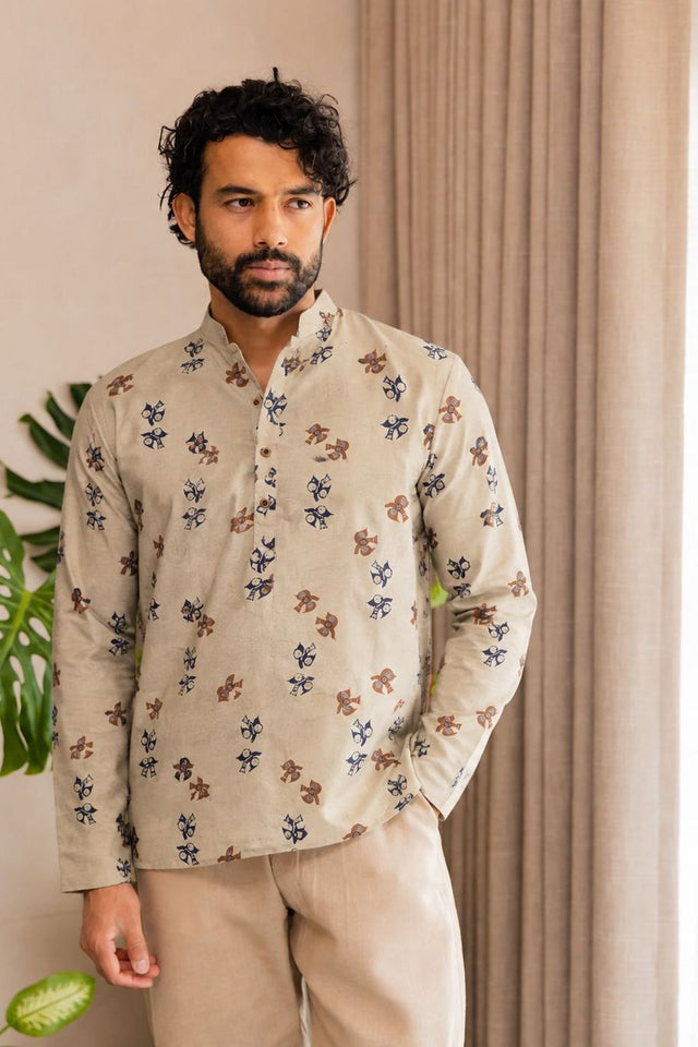 Mens Grey Printed Linen Short Kurta (ACB2374)