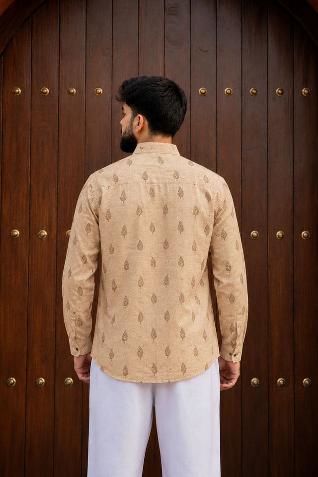 Mens Peach Printed Linen Short Kurta (ACB2375)