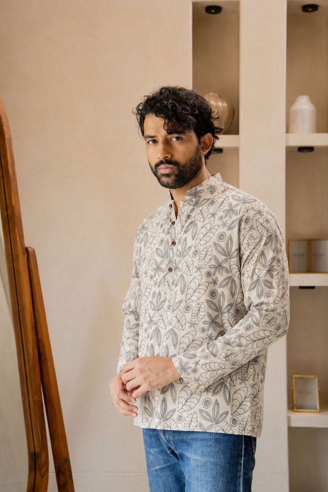 Mens Off White Printed Linen Short Kurta (ACB2377)