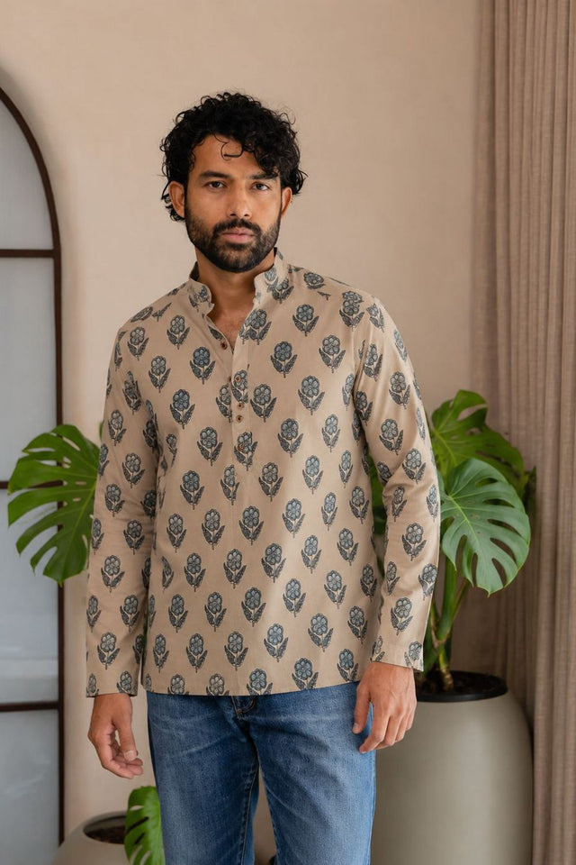 Mens Grey Printed Linen Short Kurta (ACB2378)
