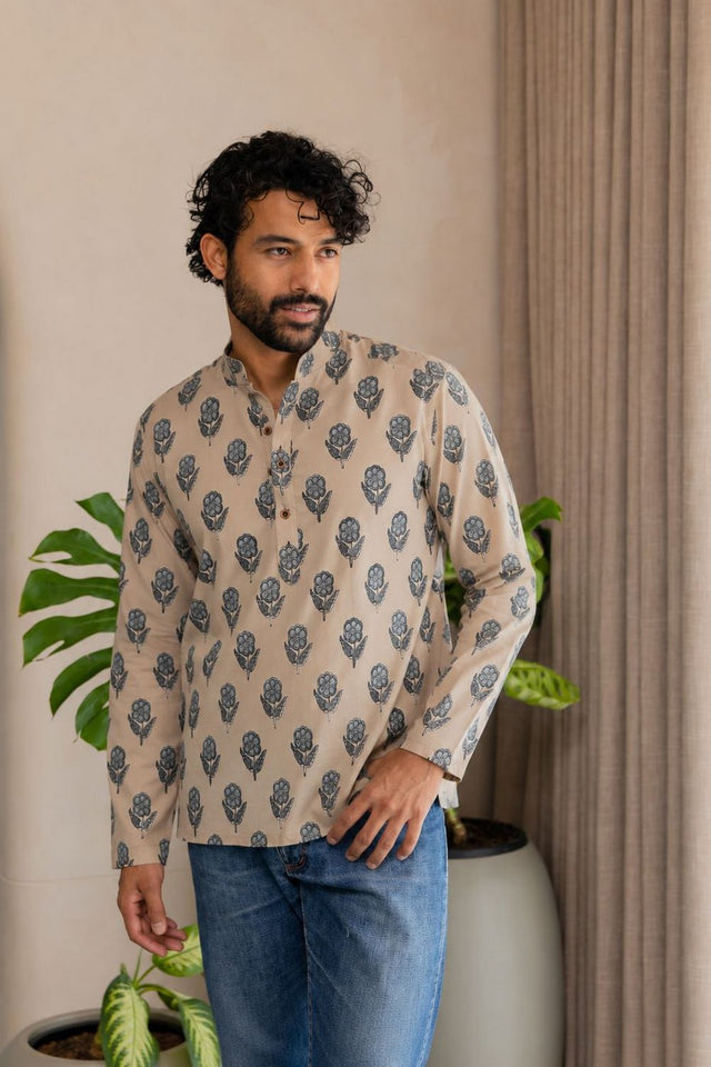Mens Grey Printed Linen Short Kurta (ACB2378)