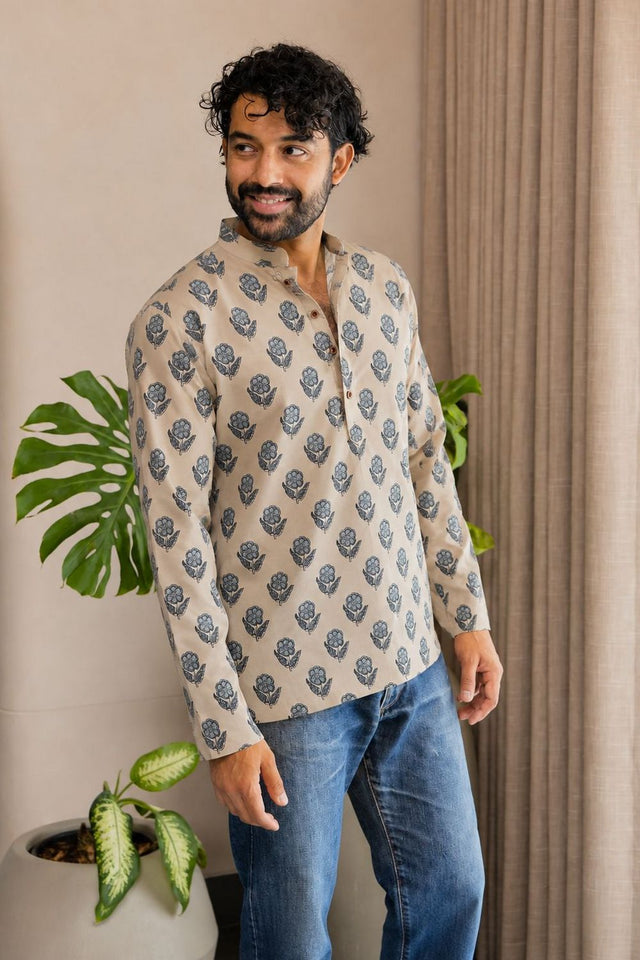 Mens Grey Printed Linen Short Kurta (ACB2378)