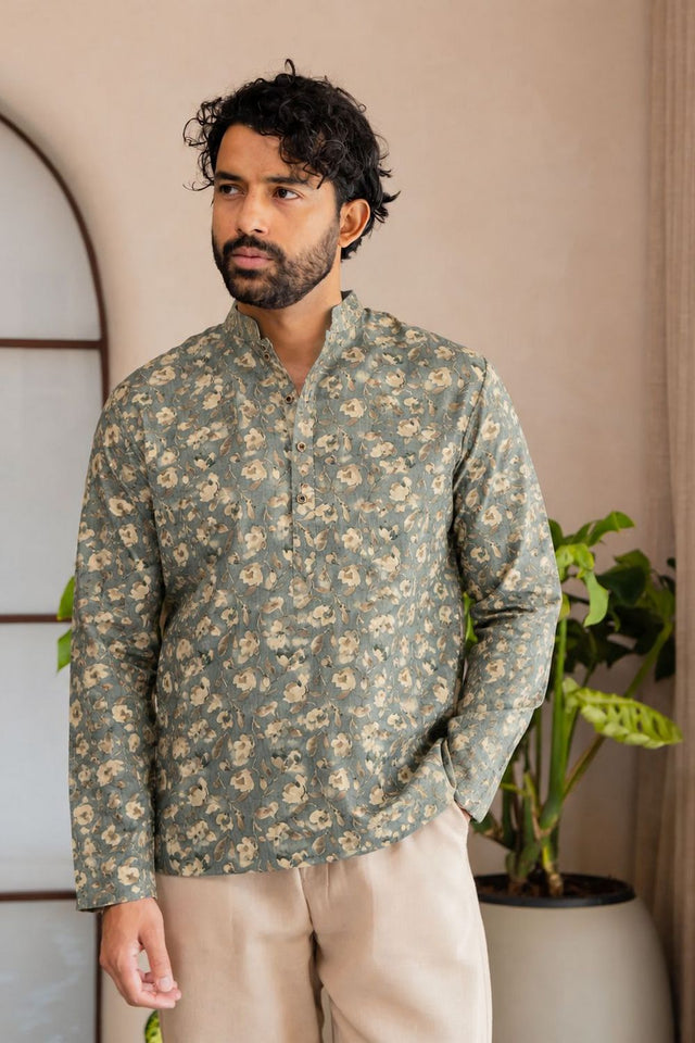 Mens Green Printed Linen Short Kurta (ACB2379)