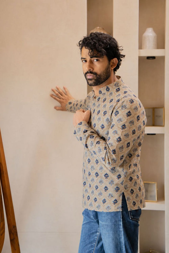 Mens Beige Printed Linen Short Kurta (ACB2382)