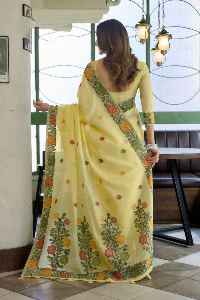 Yellow Floral Woven Linen Saree (ACB2387)