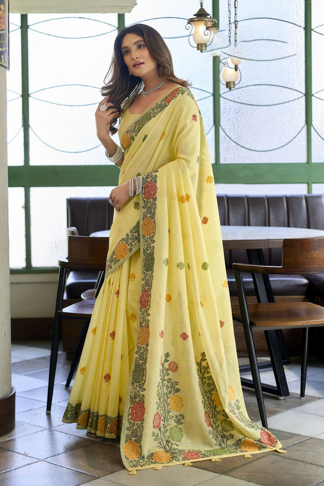Yellow Floral Woven Linen Saree (ACB2387)