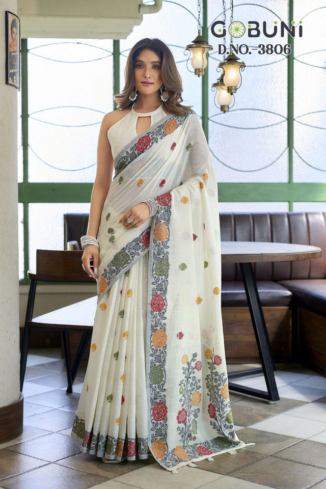 White Floral Woven Linen Saree (ACB2388)