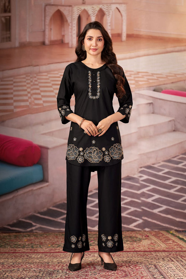 Black Floral Embroidered Rayon Co-Ord Set (ACB2413)