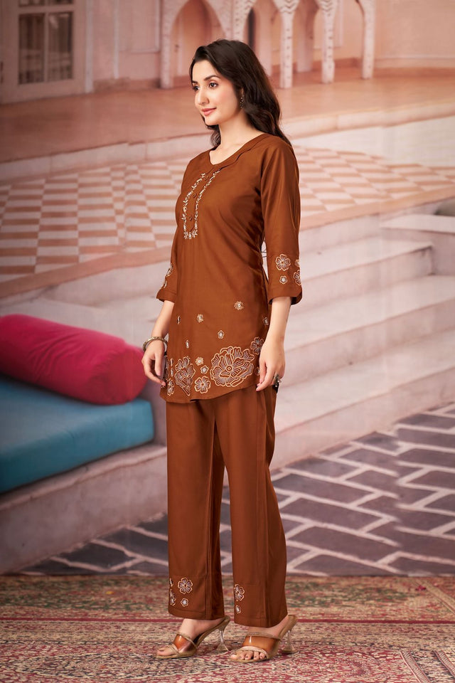 Brown Floral Embroidered Rayon Co-Ord Set (ACB2414)