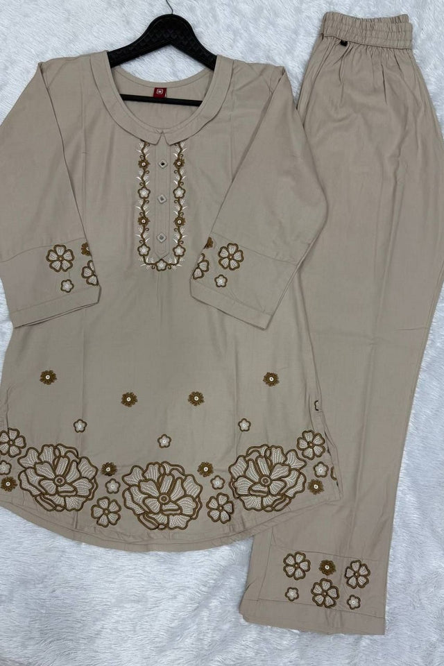 Off White Floral Embroidered Rayon Co-Ord Set (ACB2415)