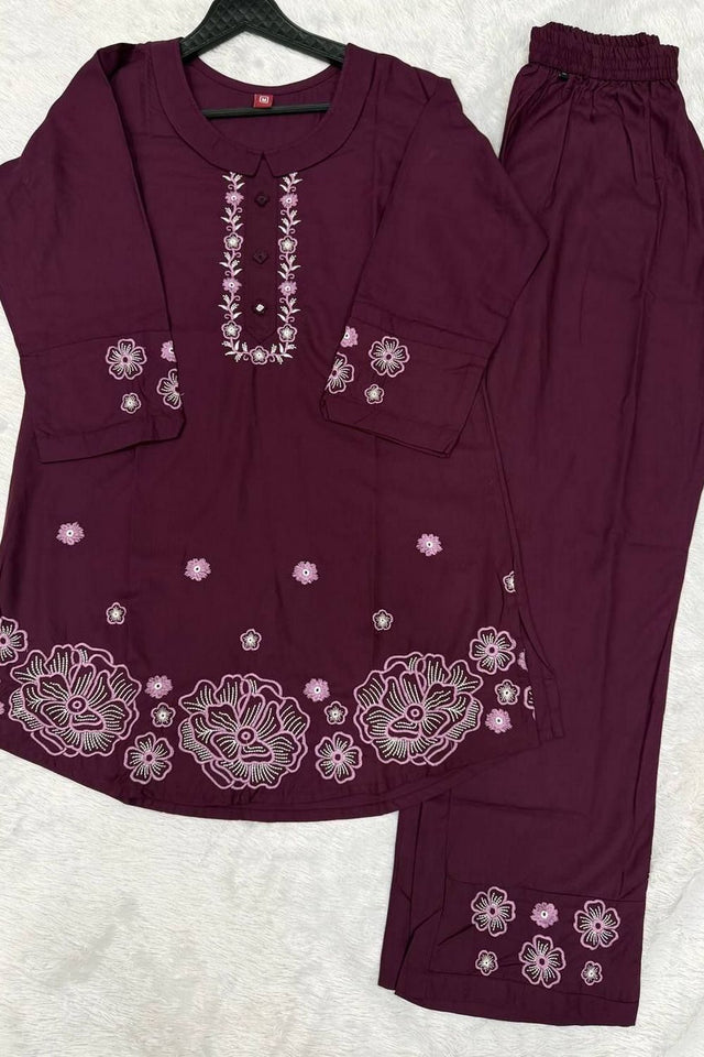 Wine Floral Embroidered Rayon Co-Ord Set (ACB2417)