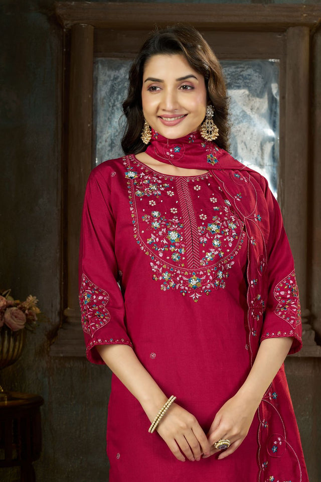 Pink Sequin with Floral Embroidered Silk Straight Cut Suits (ACB2420)