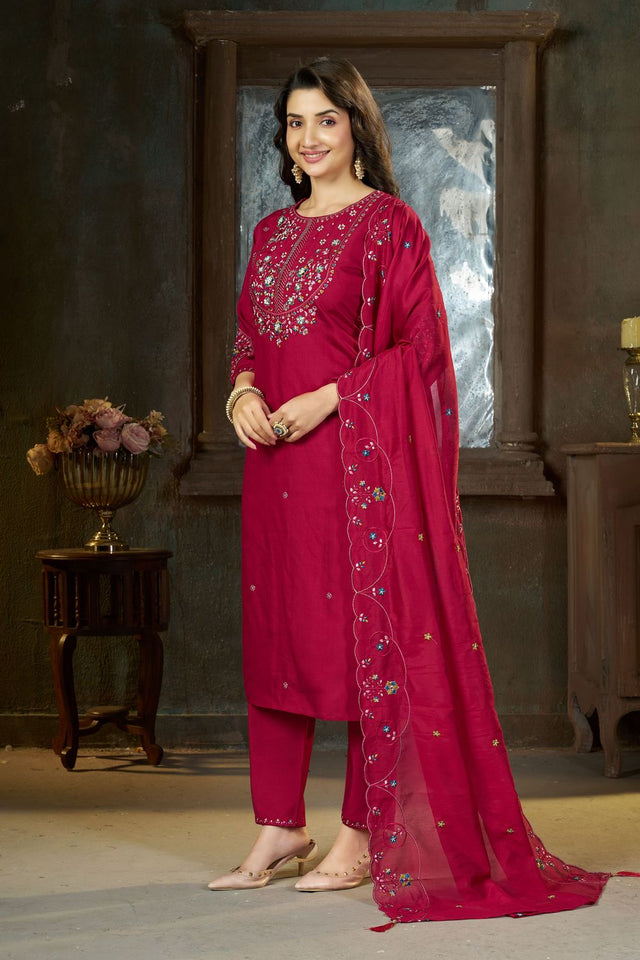 Pink Sequin with Floral Embroidered Silk Straight Cut Suits (ACB2420)
