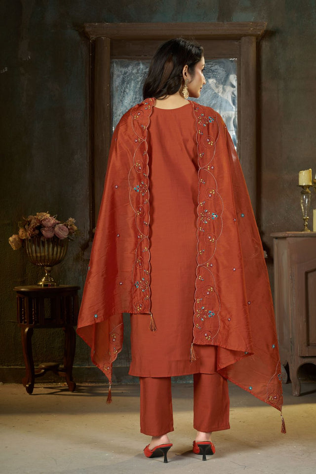 Rust Sequin with Floral Embroidered Silk Straight Cut Suits (ACB2421)