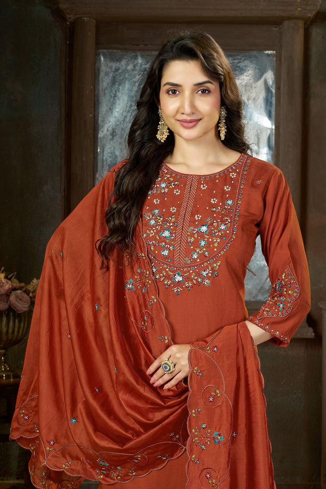 Rust Sequin with Floral Embroidered Silk Straight Cut Suits (ACB2421)