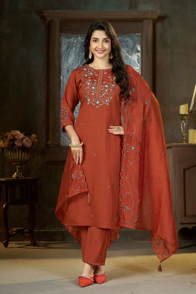 Rust Sequin with Floral Embroidered Silk Straight Cut Suits (ACB2421)