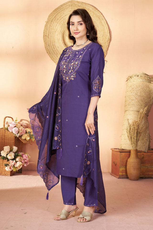 Violet Sequin with Floral Embroidered Silk Straight Cut Suits (ACB2422)