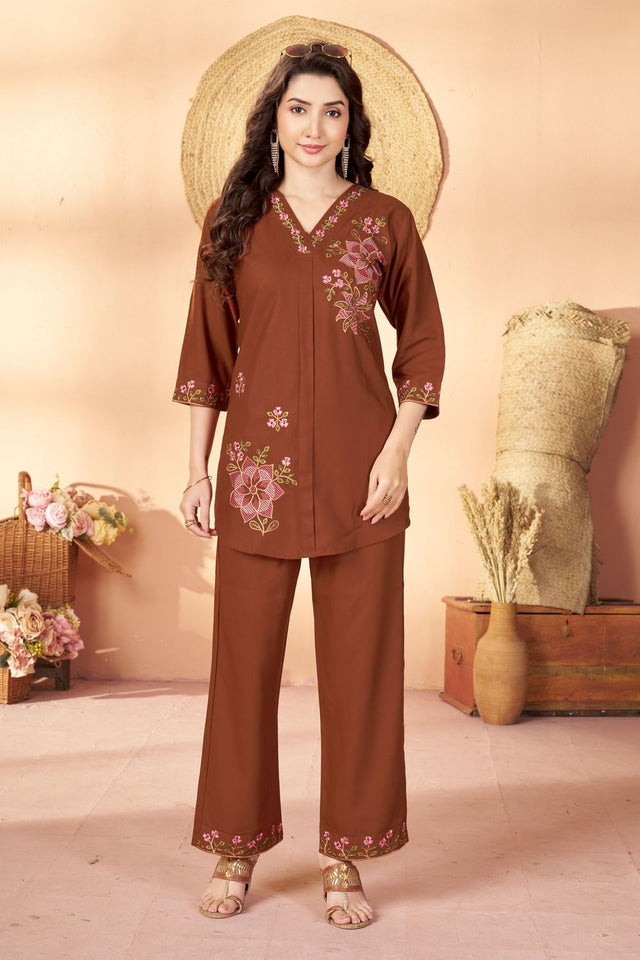 Brown Floral Embroidered Rayon Co-Ord Set (ACB2425)