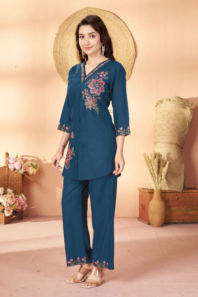 Blue Floral Embroidered Rayon Co-Ord Set (ACB2427)
