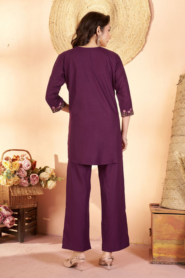 Wine Floral Embroidered Rayon Co-Ord Set (ACB2428)