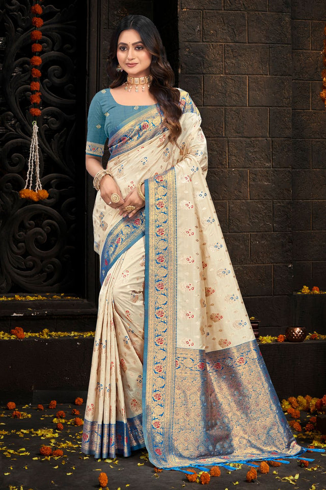Cream Floral Woven Silk Saree (ACB2431)
