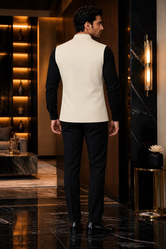 Mens Cream Solid Silk Koti (Jacket Only) (ACB2440)
