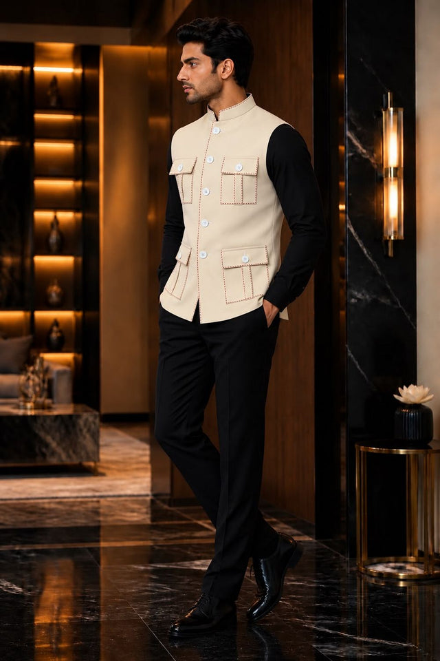 Mens Cream Solid Silk Koti (Jacket Only) (ACB2440)