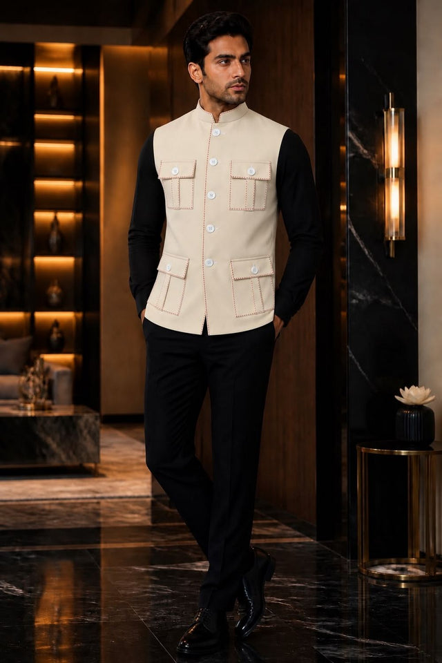 Mens Cream Solid Silk Koti (Jacket Only) (ACB2440)