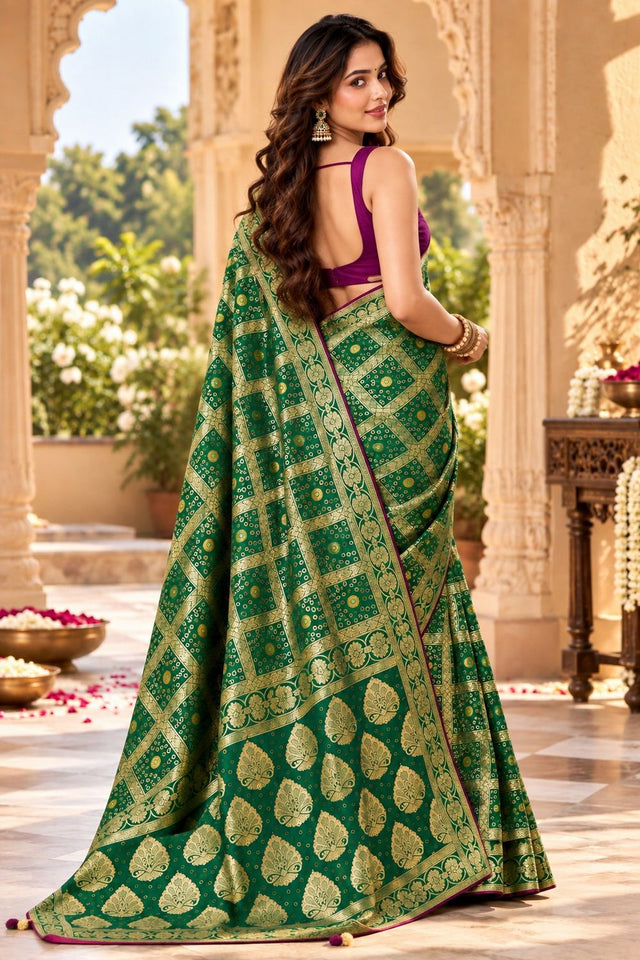 Green Zari Woven with Bandhani Print Satin Silk Saree (ACB2441)