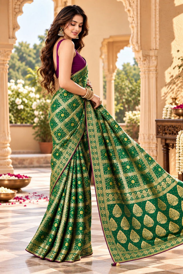 Green Zari Woven with Bandhani Print Satin Silk Saree (ACB2441)