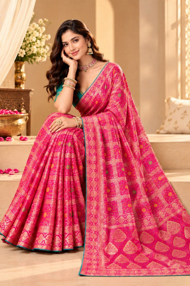 Pink Zari Woven with Bandhani Print Satin Silk Saree (ACB2442)