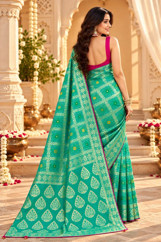 Turquoise Zari Woven with Bandhani Print Satin Silk Saree (ACB2443)