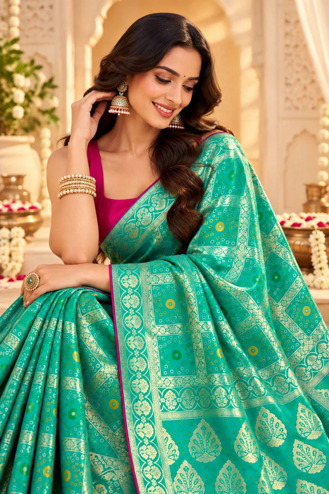 Turquoise Zari Woven with Bandhani Print Satin Silk Saree (ACB2443)