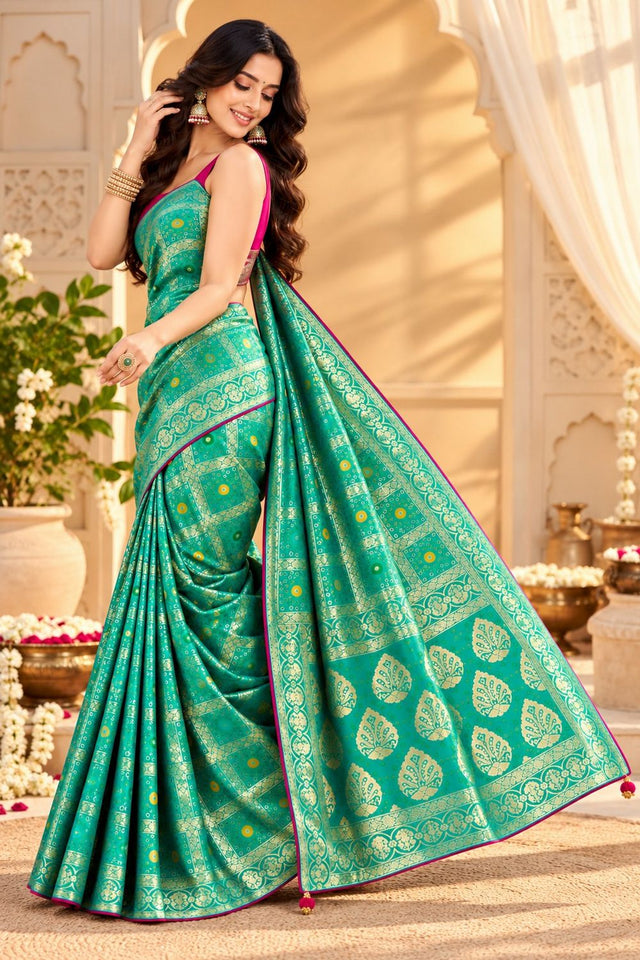 Turquoise Zari Woven with Bandhani Print Satin Silk Saree (ACB2443)