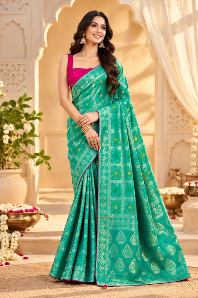 Turquoise Zari Woven with Bandhani Print Satin Silk Saree (ACB2443)