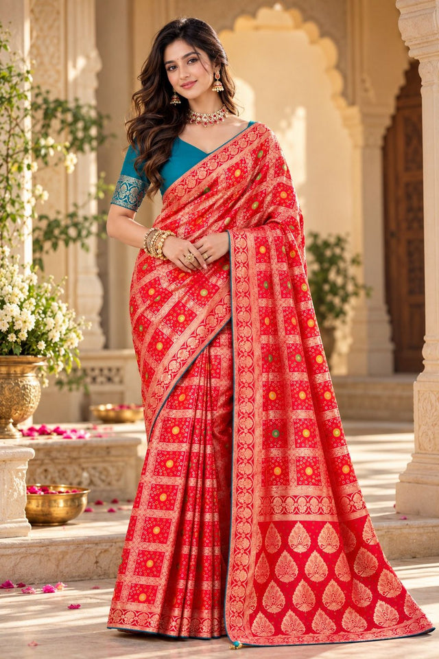 Red Zari Woven with Bandhani Print Satin Silk Saree (ACB2444)