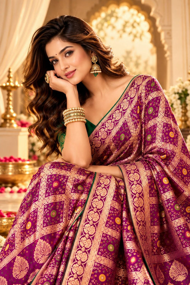 Wine Zari Woven with Bandhani Print Satin Silk Saree (ACB2445)