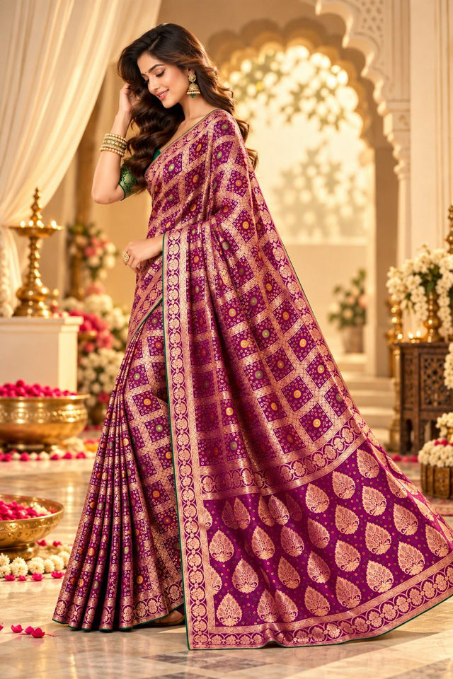 Wine Zari Woven with Bandhani Print Satin Silk Saree (ACB2445)