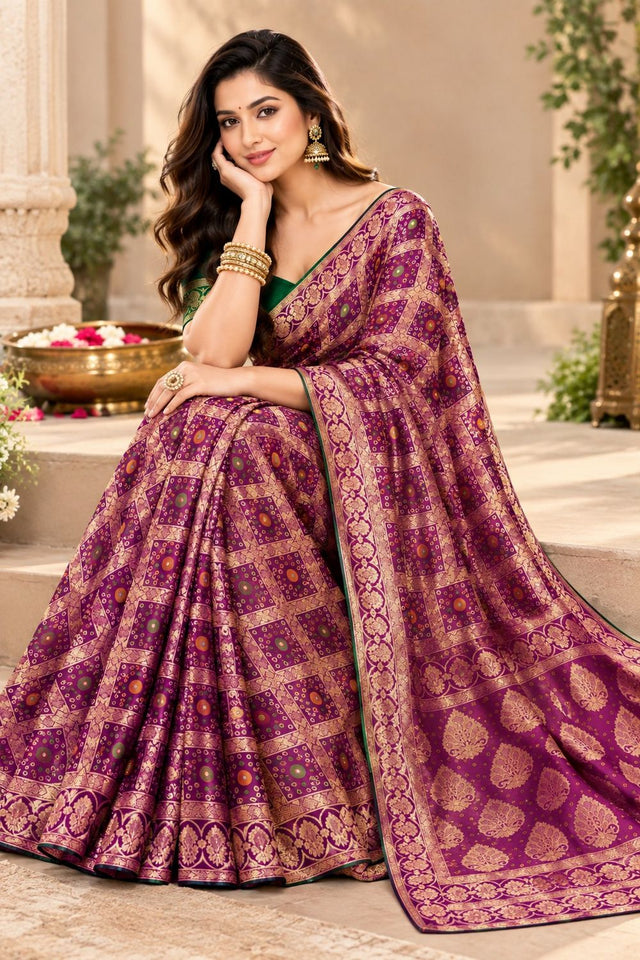 Wine Zari Woven with Bandhani Print Satin Silk Saree (ACB2445)
