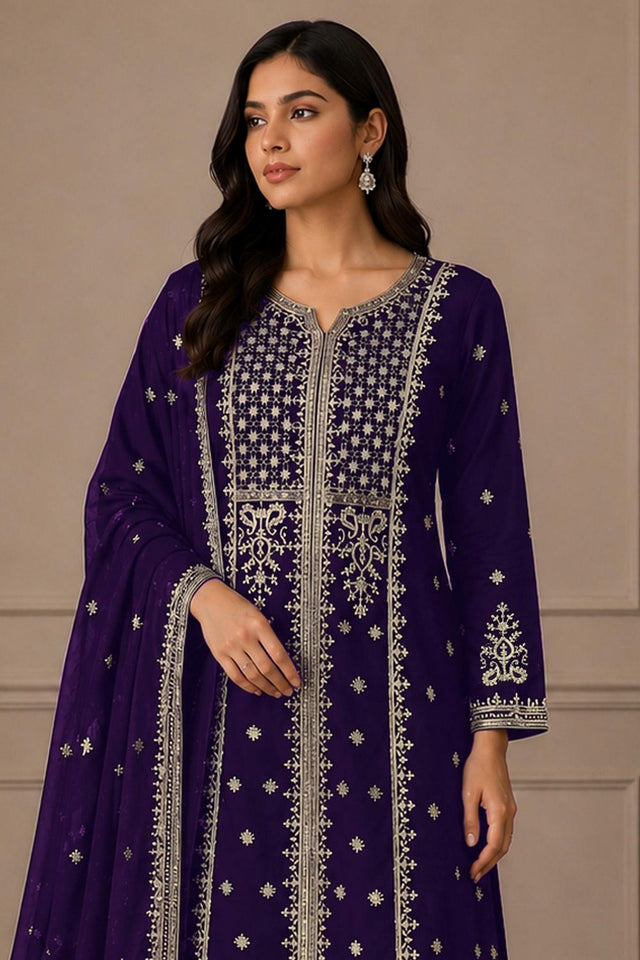 Blue Embroidered Georgette Palazzo Suit (ACB2446)