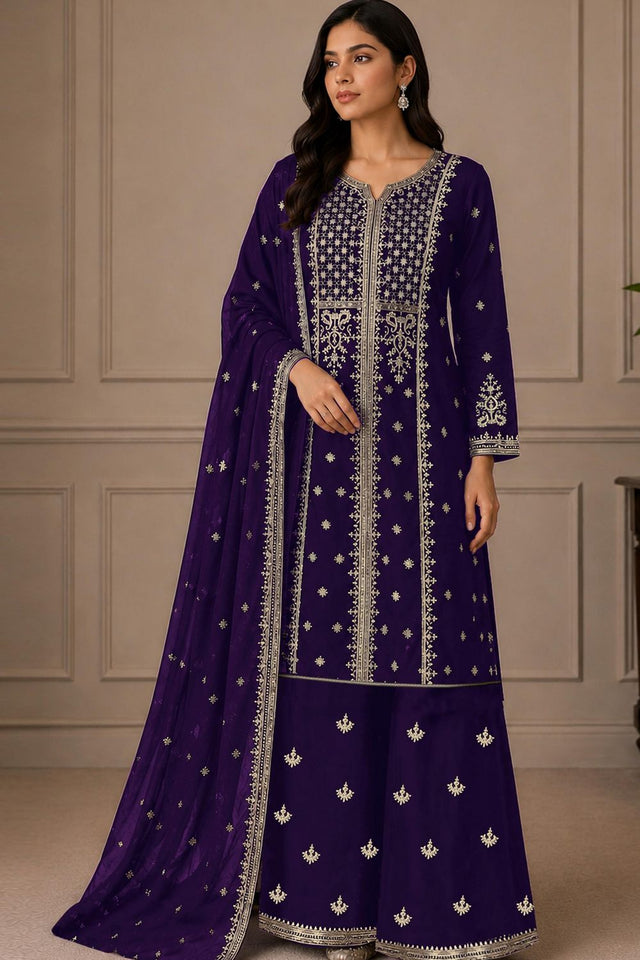 Blue Embroidered Georgette Palazzo Suit (ACB2446)