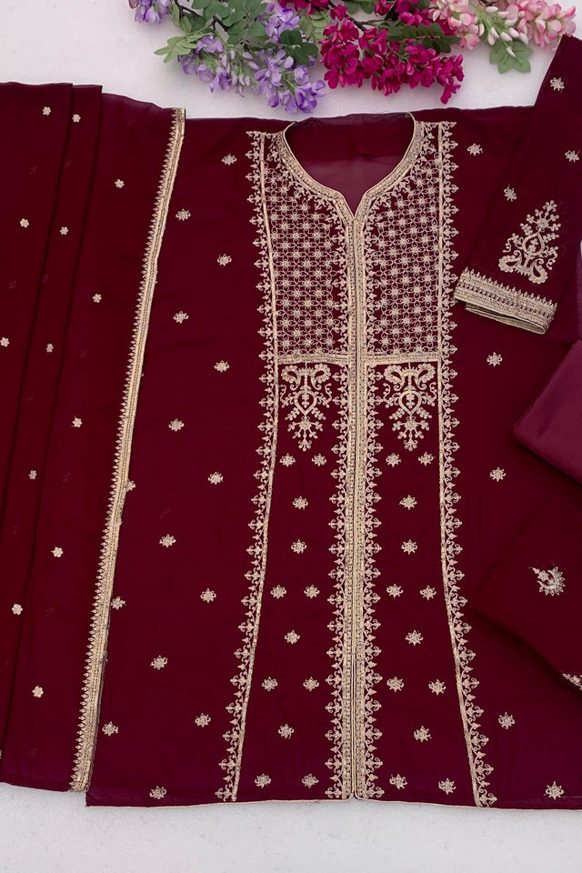 Maroon Embroidered Georgette Palazzo Suit (ACB2447)