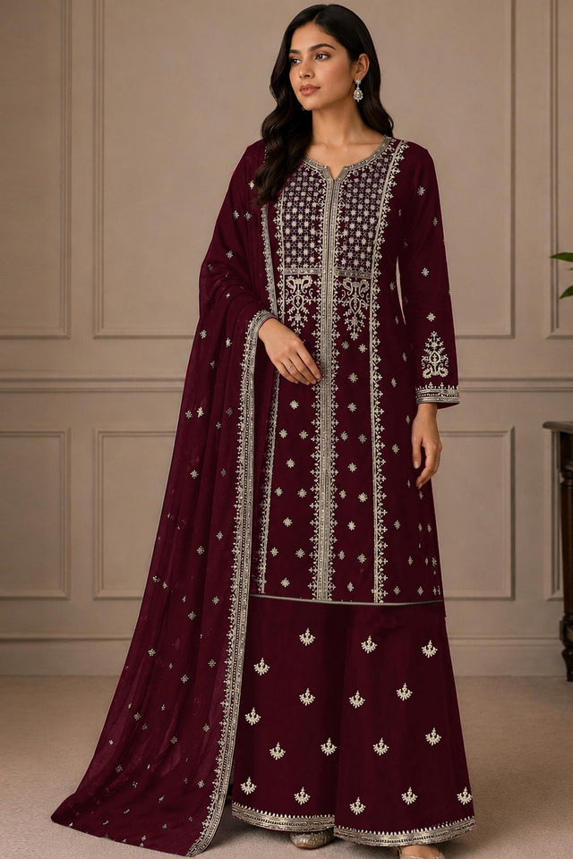 Maroon Embroidered Georgette Palazzo Suit (ACB2447)