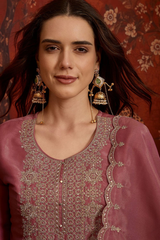 Pink Embroidered Silk Straight Cut Suits (ACB2450)