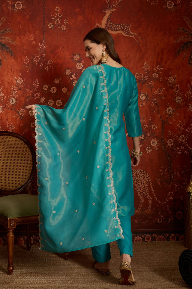 Turquoise Embroidered Silk Straight Cut Suits (ACB2452)