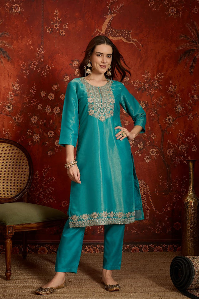 Turquoise Embroidered Silk Straight Cut Suits (ACB2452)